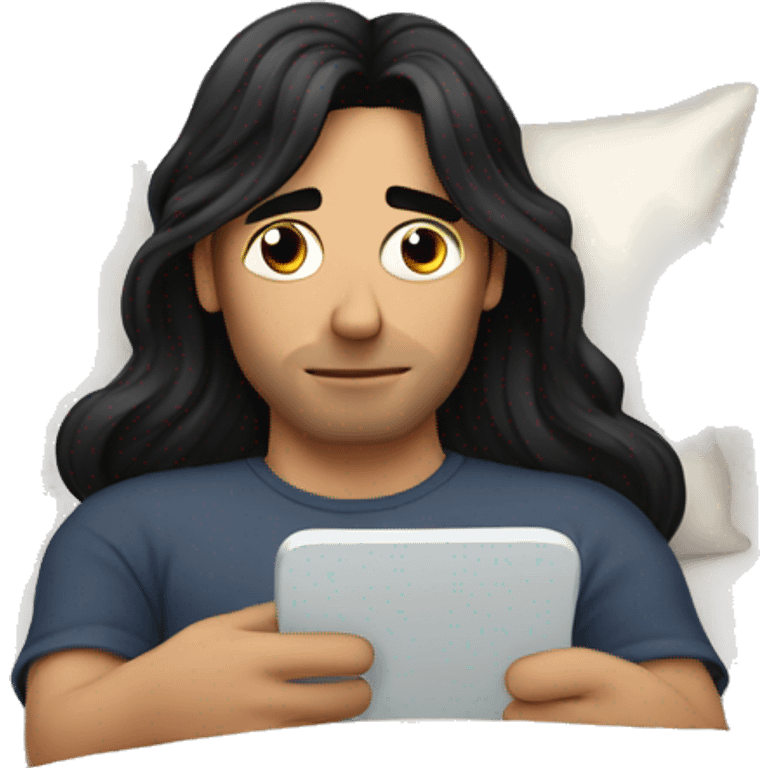 A man with long black hair cozy in bed on phone  emoji