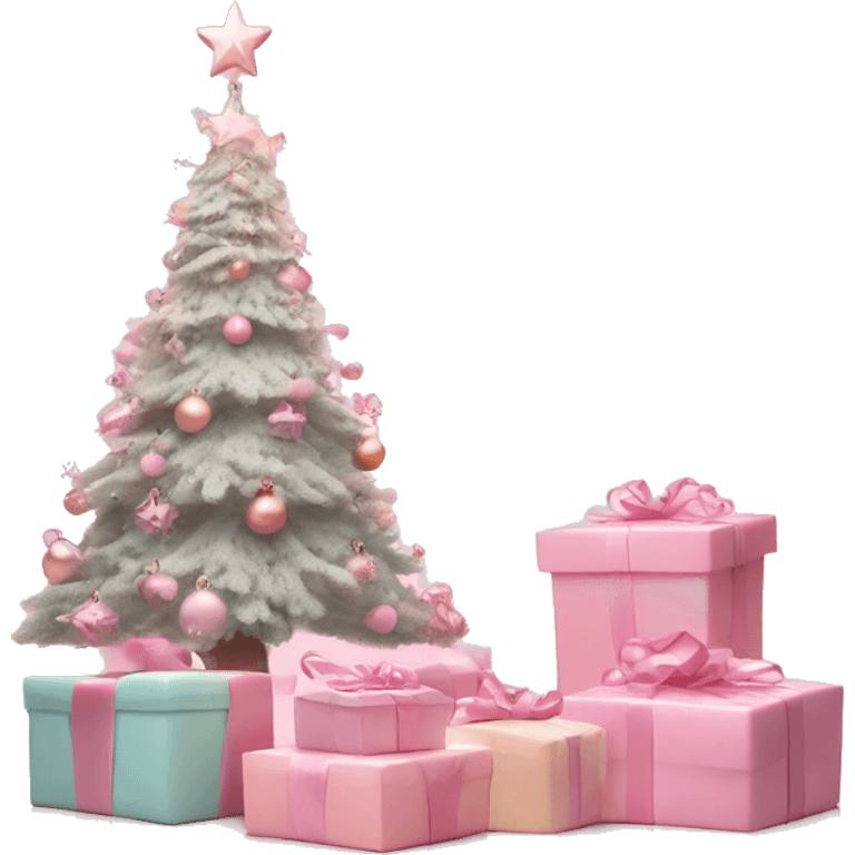 pastel pink christmas tree and some gift boxes under the emoji