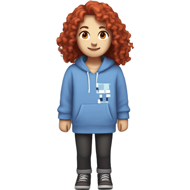 a white girl with long red curly hair and freckles, wearing periwinkle Minecraft hoodie playing a videogame smiling emoji