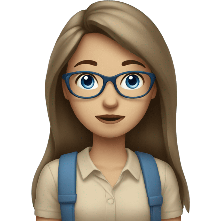 girl with brown long hair and bangs, blue eyes, glasses, beige shirt emoji