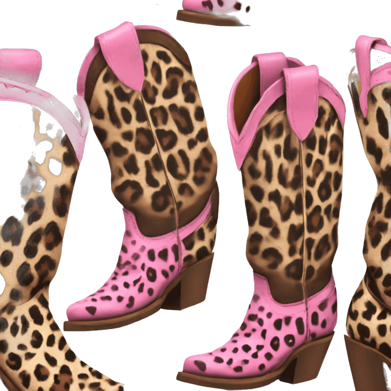 Realistic pair of isolated leather cowgirl boots with pink leopard print hearts on them. emoji