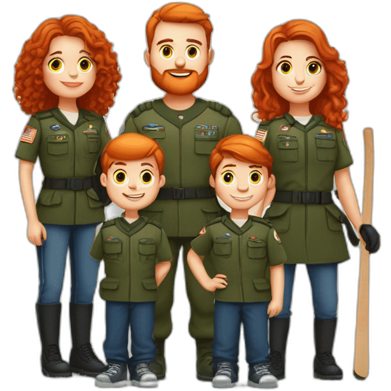 Family of five mother red hair father fat with beard son in the army son 12 years old with hockey stick son 7 years old with the smirk emoji