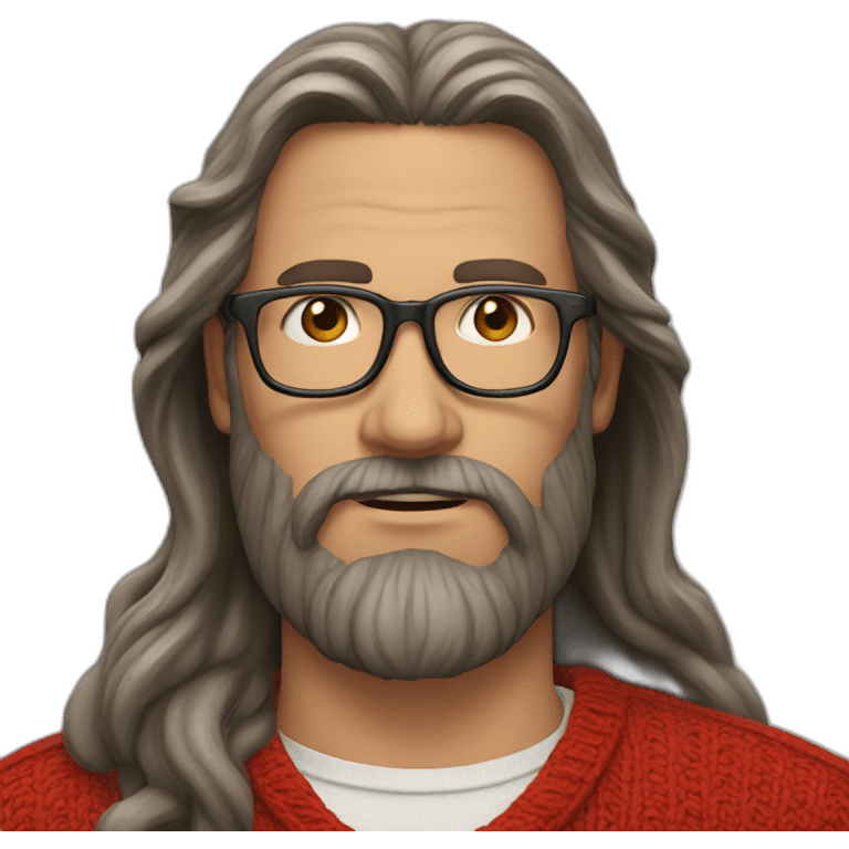 Middle age man with long beard and long hair and in glasses and in red sweater emoji