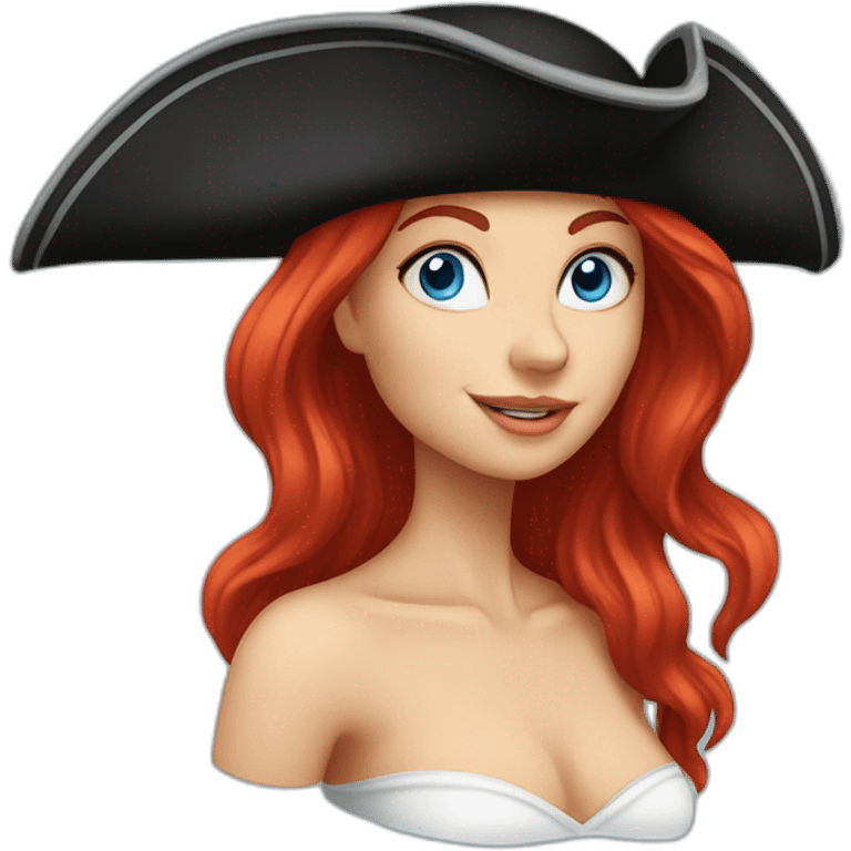 Woman long red hair on one side in a platt.pirate hat. One side of head has no hair. Blue eyes. skull and crossbones t shirt emoji