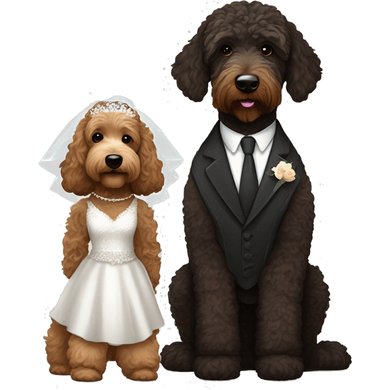 Black and brown bernadoodle in wedding dress and dark brown Australian labradoodle in suit emoji