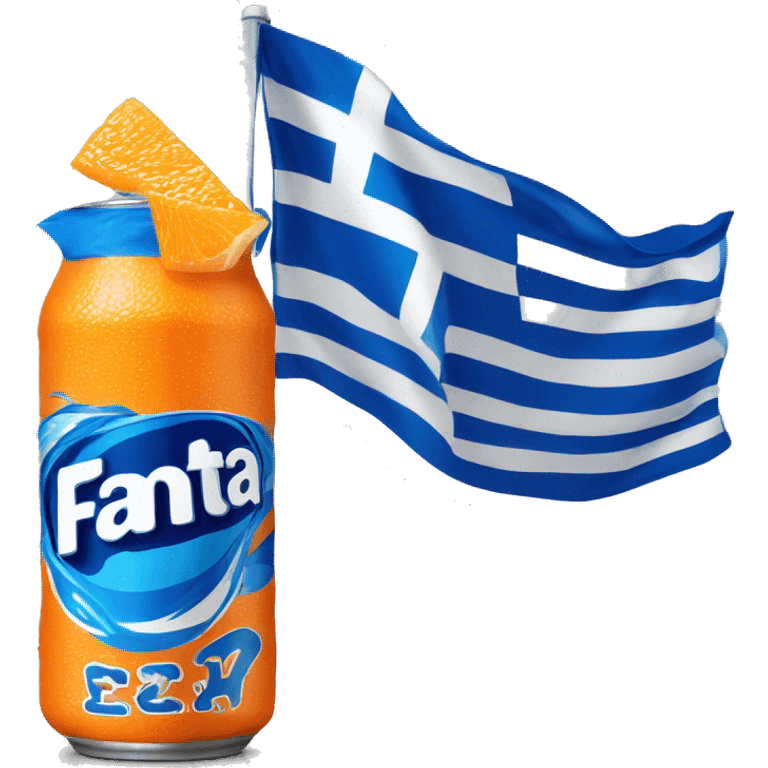 Blue Fanta can with Greek flag printed. An orange next to it emoji