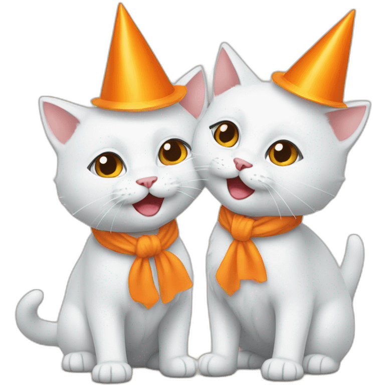 two white cats dancing with orange party hats on emoji