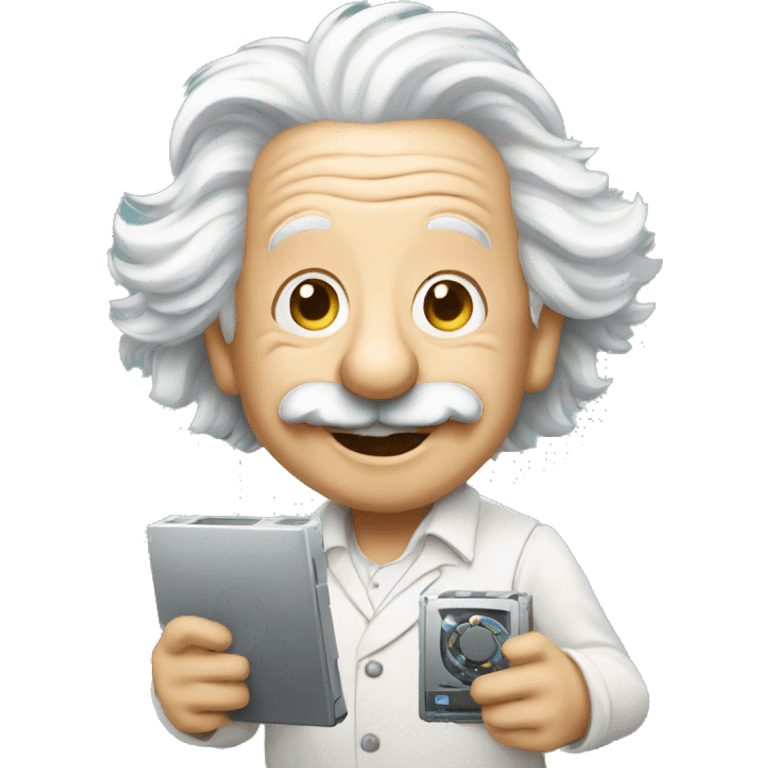 happy albert einstein holding computer in one hand emoji