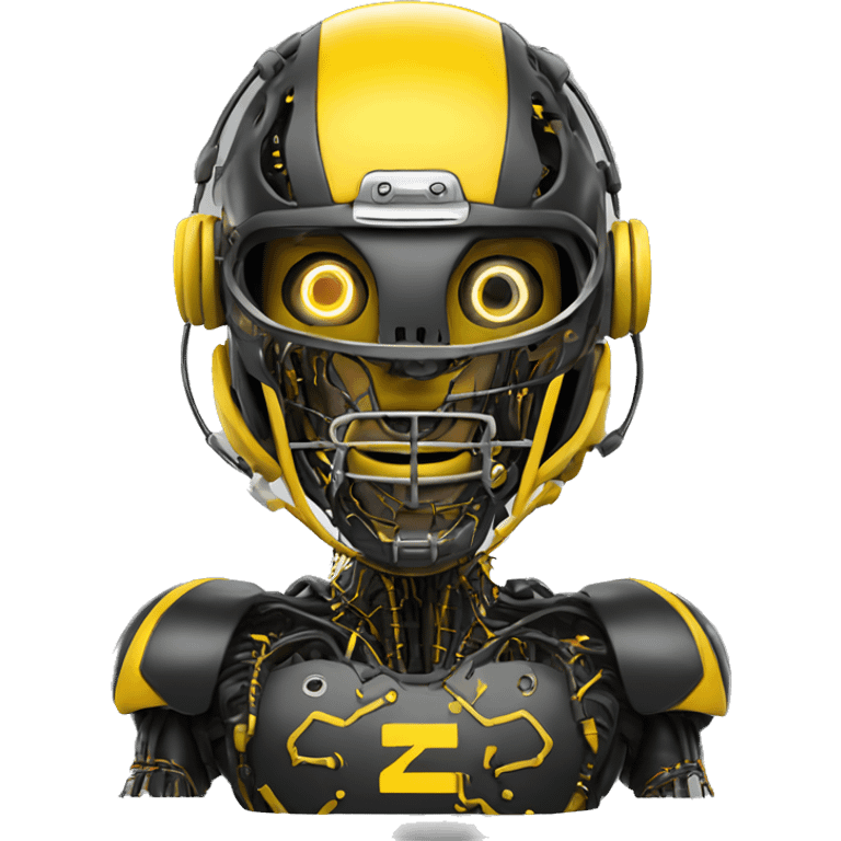 Black and yellow cyborg head with football helmet and circuits emoji