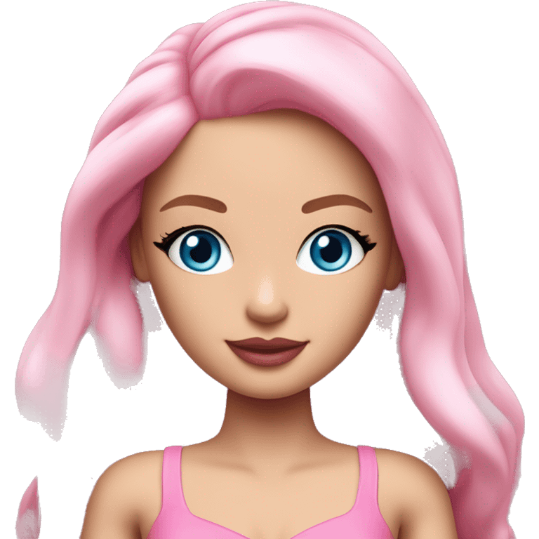 a beautiful girl with fair skin, blue eyes and long soft pink hair, with pink lipstick on her lips. looks like full length barbie with legs emoji