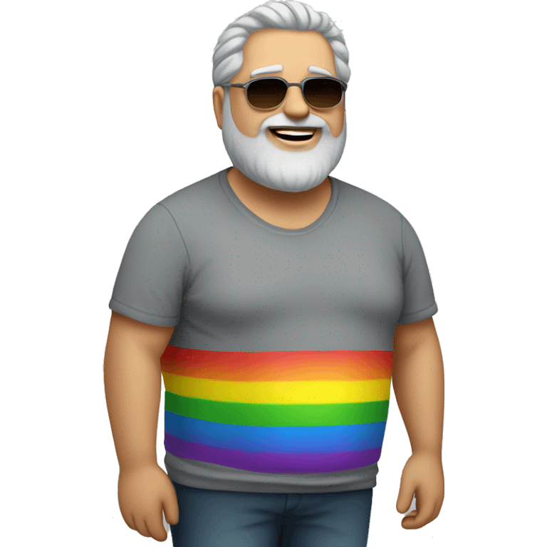 Fat British Man with grey hair and grey beard and with shades and earring with rainbow tshirt  emoji