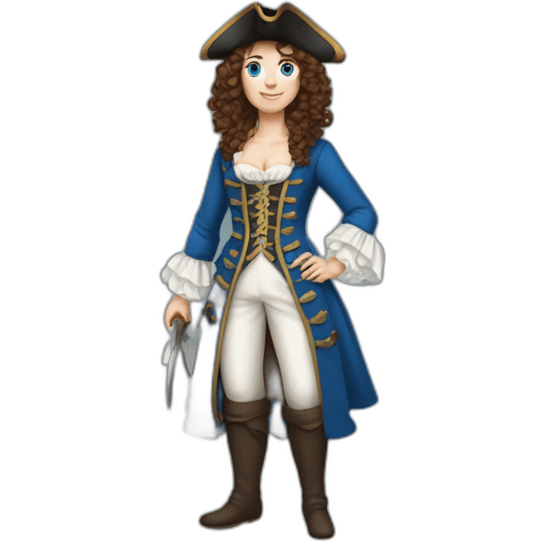 Pirate woman in 18th century, blue eyes, brown medium wavy hair, blue white costume emoji