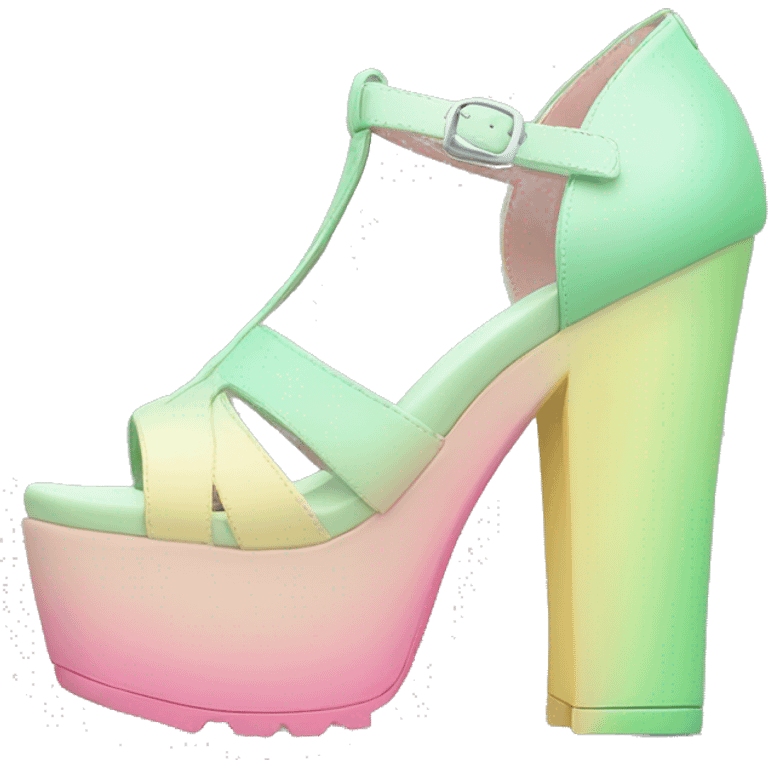 Realistic isolated top front view of a pair of pastel green,pastel yellow,and pastel pink ombre cut out high heel shoes.  emoji