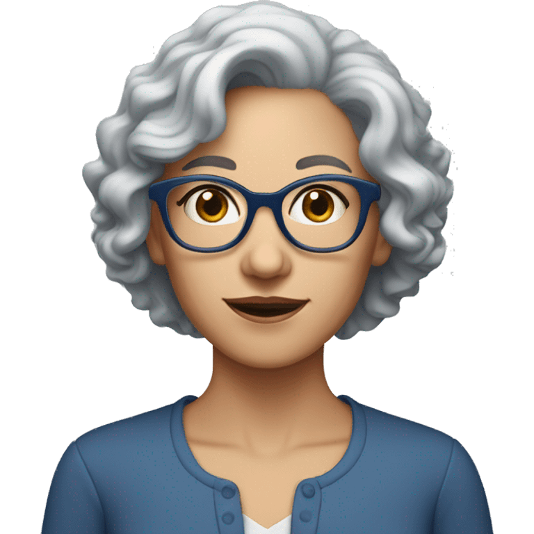 Woman with short frizzy gray hair, blue eyes and blue rimed glasses  emoji