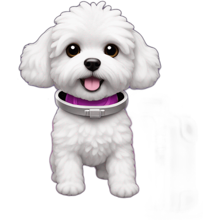 a white maltipoo as purple astronaut with a pink luggage emoji