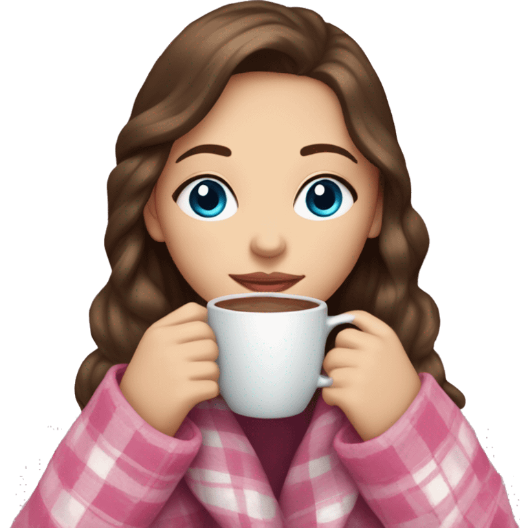 Girl with brown hair and blue eyes sipping on a hot chocolate wrapped in a pink plaid blanket  emoji