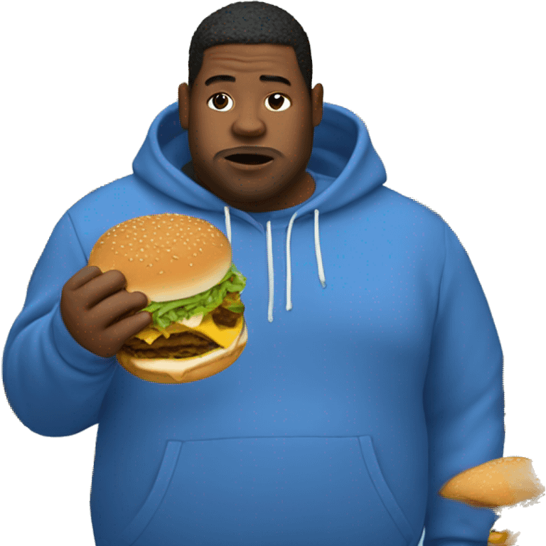 fat man in dirty blue sweatsuit eating chili burger emoji