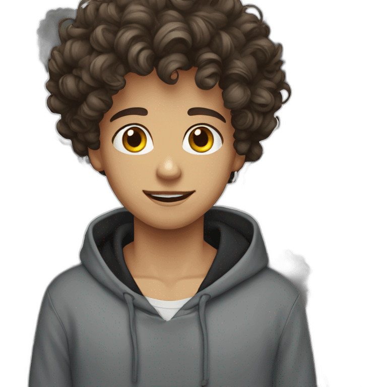 young guy curly hair blue eyes black hoodie emoji