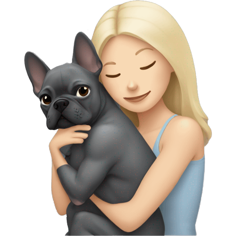 Blonde woman hugging dark gray french bulldog emoji