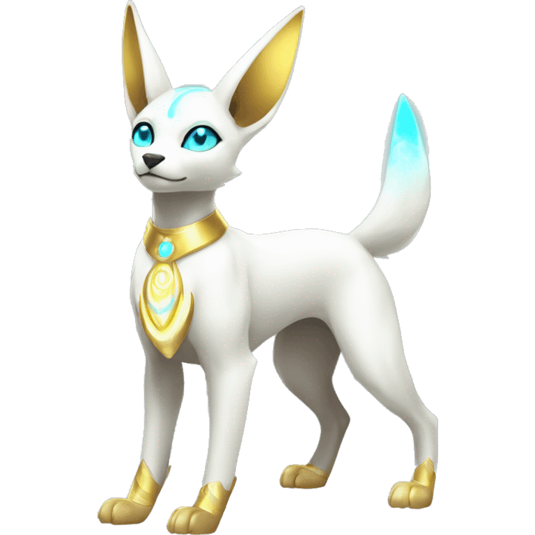 Shiny White Angelic Godly Ethereal Majestic Electric Albino Umbreon. cyan eyes and cyan markings. Golden Anubis-rings. full body emoji