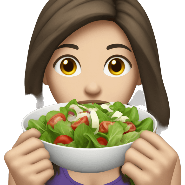 Muscle long hair brunette girl with pale skin eating salad emoji