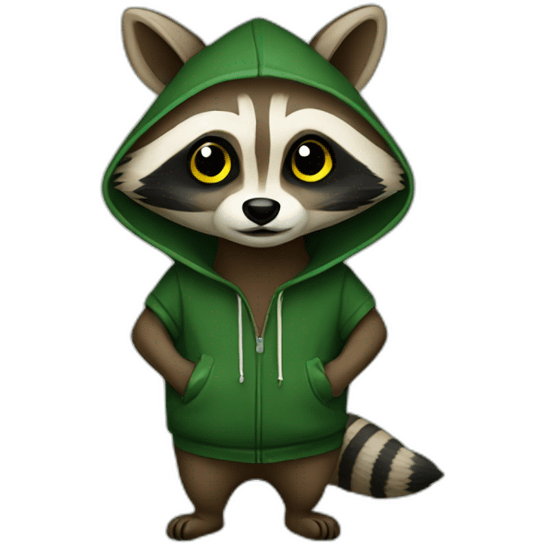 brown raccoon with yellow eyes and a dark green hood emoji