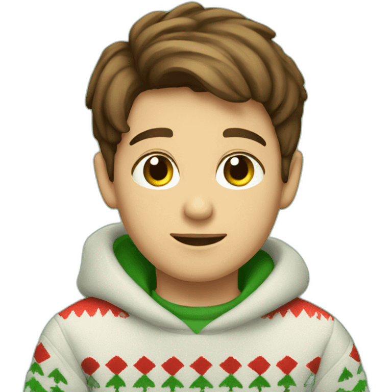 young boy brown hair and eyes sitting in christmas sweather emoji