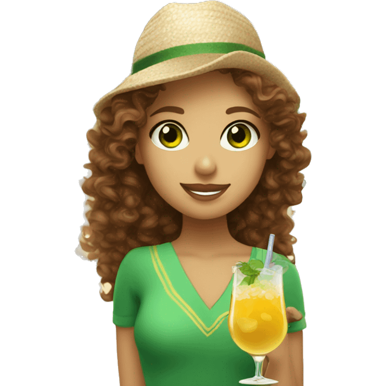 A girl with curly brown hair and green eyes, sipping a cocktail on the beach in italy emoji