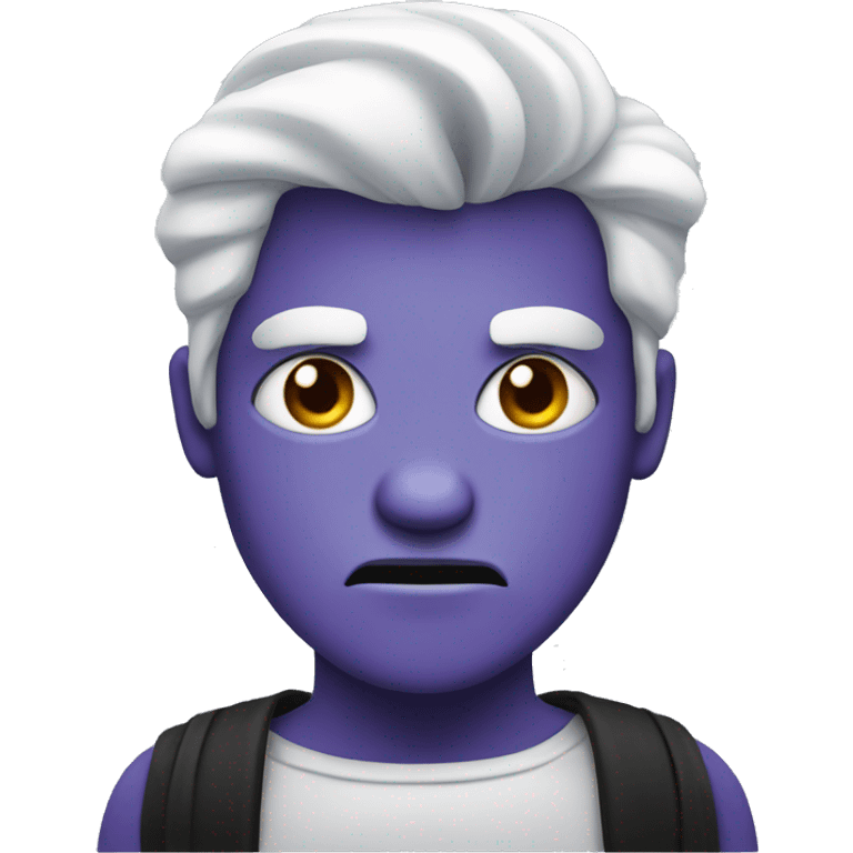 A purple evil guy with white hair, black bandana on Head, and sky blue eyes and Ironic look emoji