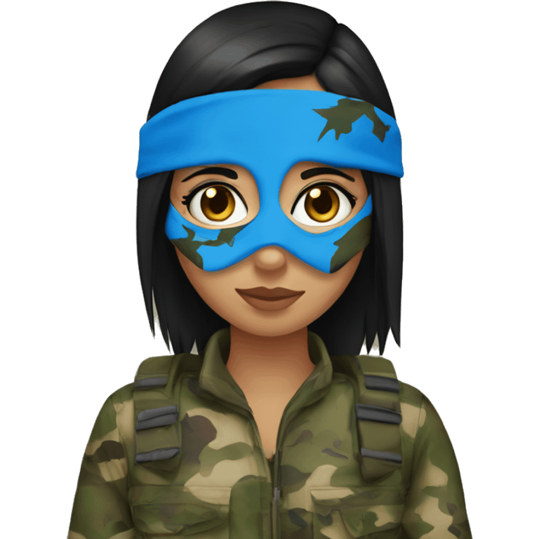 girl black straight hair blue eyes wearing camo hunting mask emoji