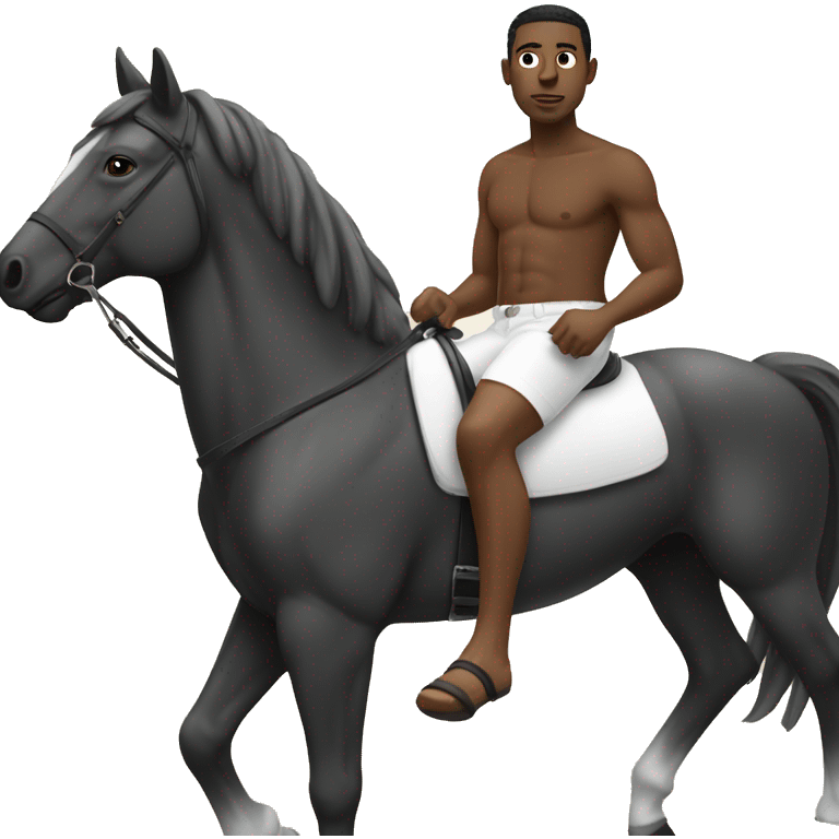 black man on a horse backwards with no shirt and white beach pants emoji