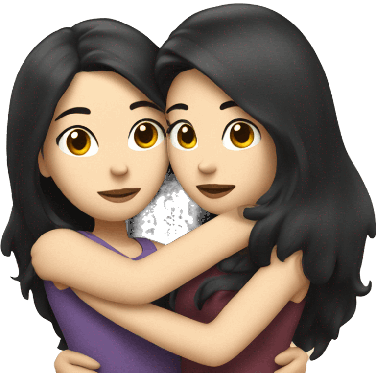 A lesbian couple with white skin and long black hair hugging intimately emoji