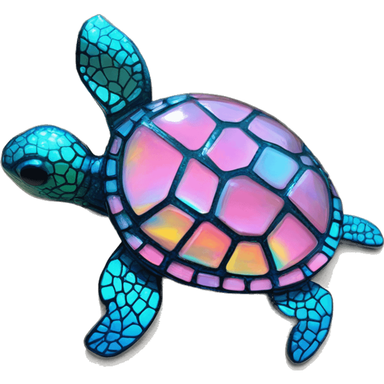 Sparkling cyan pink Turtle made from kaleidoscopic rainbow oilslick cyan glass, stained glass art emoji