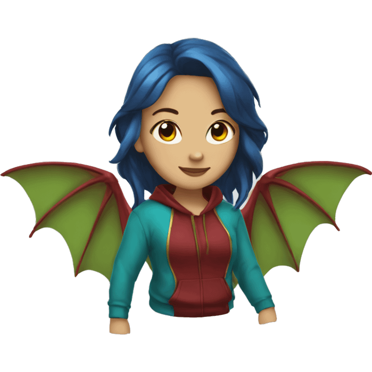 Lady with brunette and blue hair, gold, green dragon wings, maroon hoodie, and bright red eyes emoji