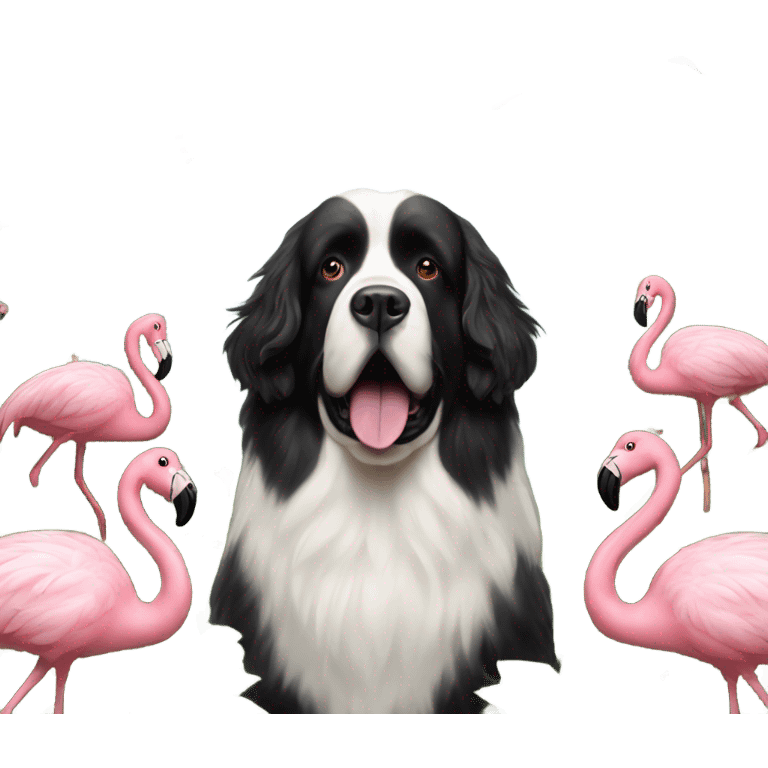 Landseer Newfoundland flying in the sky with flamingos emoji