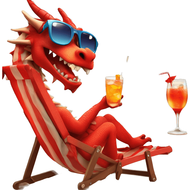 a dragon in sunglasses drinks a cocktail from one glass on the beach while sitting in a red sun lounger emoji