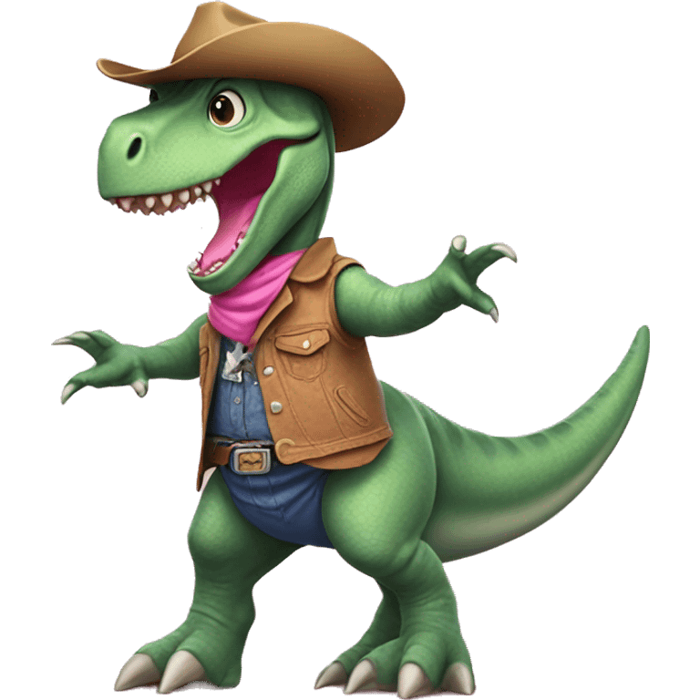 rex dinosaur surfing a pink hello dressed in cowboy emoji