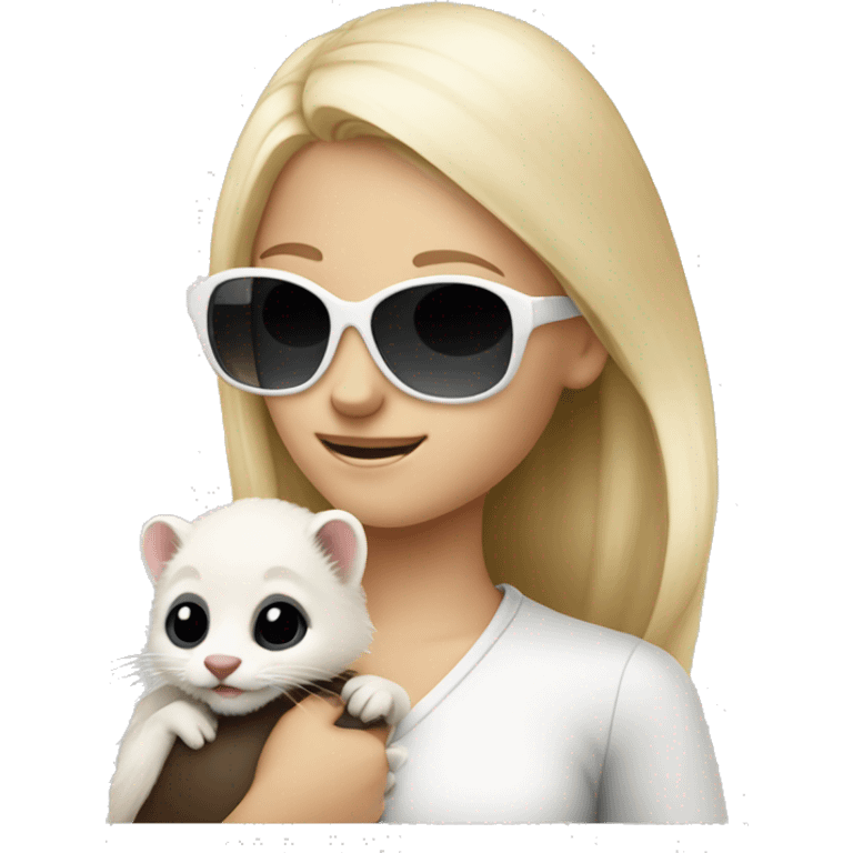 Blonde girl in sunglasses holding white polecat in hands emoji