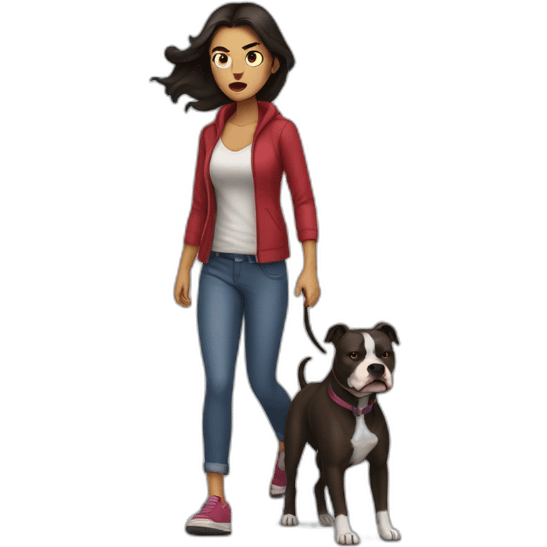 a woman with dark hair is angry and walk with a pitbull emoji