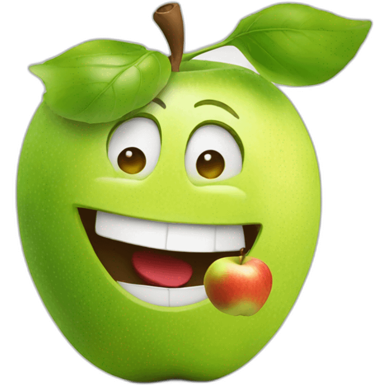 fruit man smiling at the camera with an apple in his hand and pointing behind him emoji