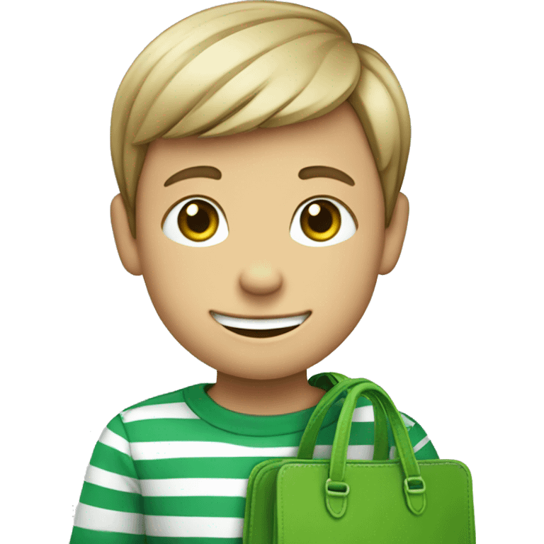 smiling boy in striped shirt with green bag emoji