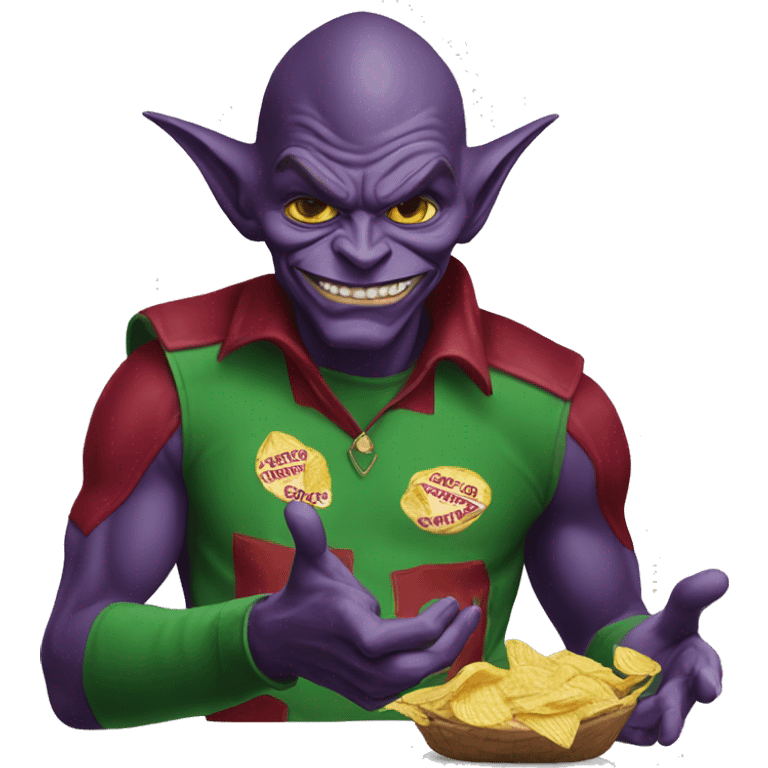 Green goblin with gucci shirt and chips on his hand emoji