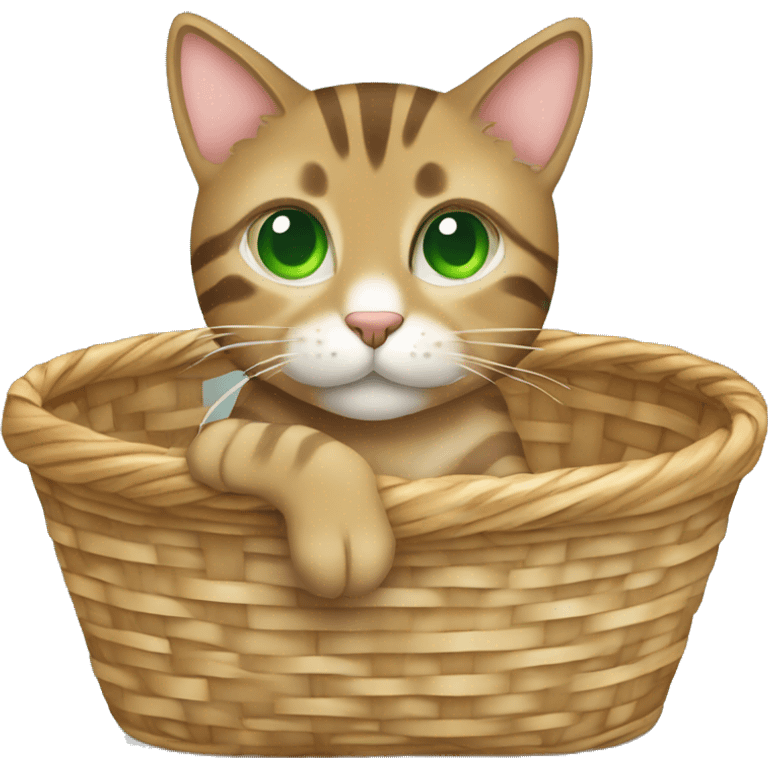 Light brown tabby cat with green eyes sitting in a basket emoji