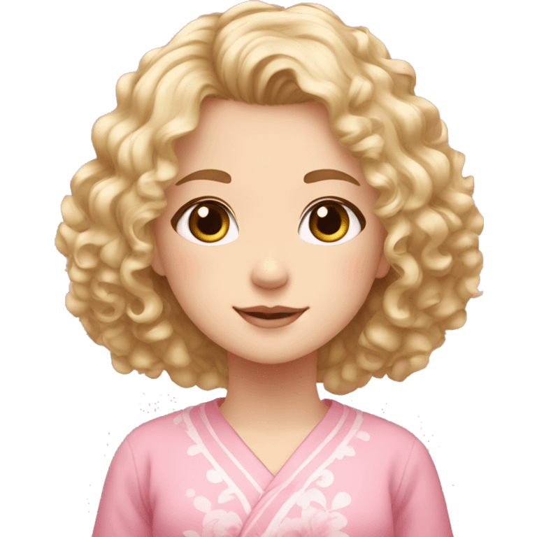 Blond curly hair girl, grey eyes, pink japan clothes, magnolia emoji