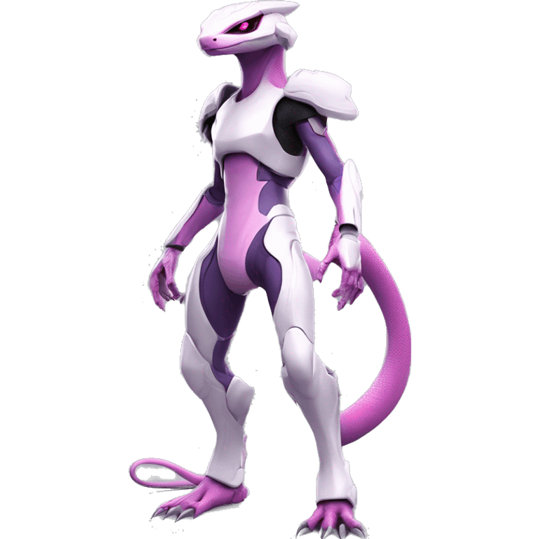 White Anthro-Lizard-Reptile-Raptor-Alien-Genesect-Mewtwo-Fakémon, with pink eyes, with a futuristic visor-helmet, wearing a techwear-suit, Full Body emoji