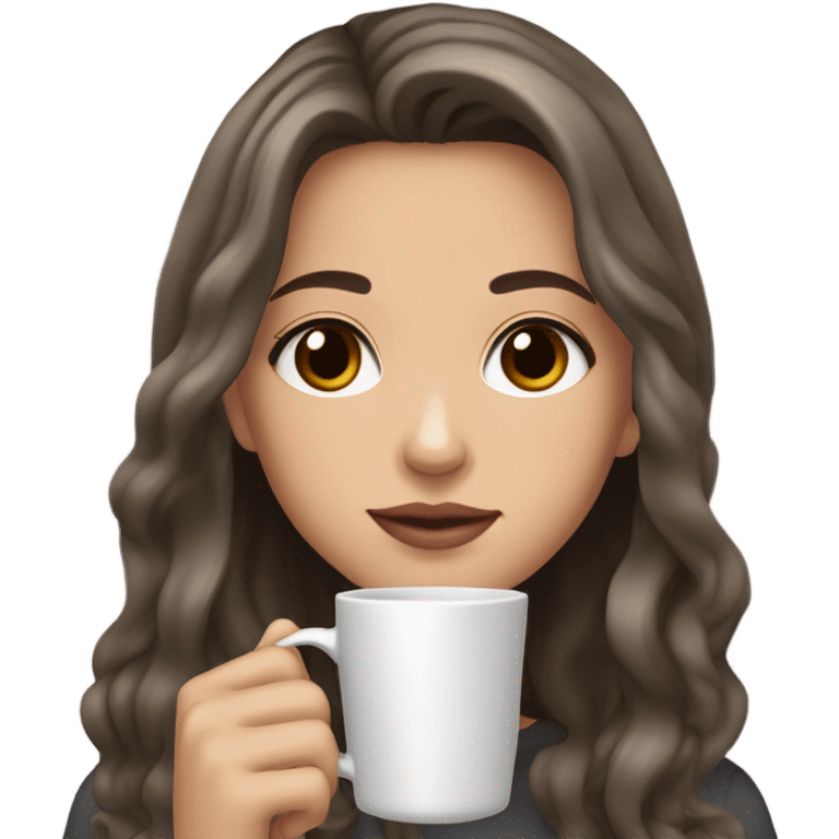 Girl with brown hair with dark gray highlights, fair skin, long beautiful hair, soft pink lips, brown eyes, drinking coffee emoji