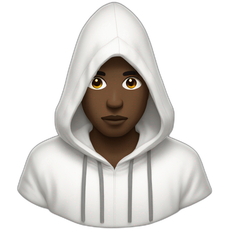 A black man wearing a white hood adorned with short white wool threads emoji