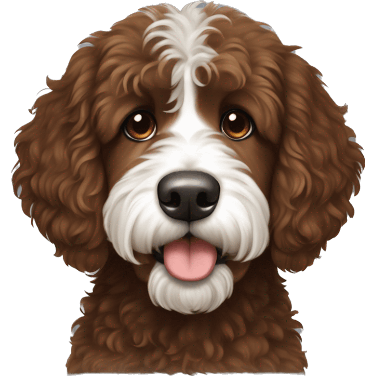 Bernedoodle with fringe over eyes, dark redish brown coat with white on the center o themuzzle emoji