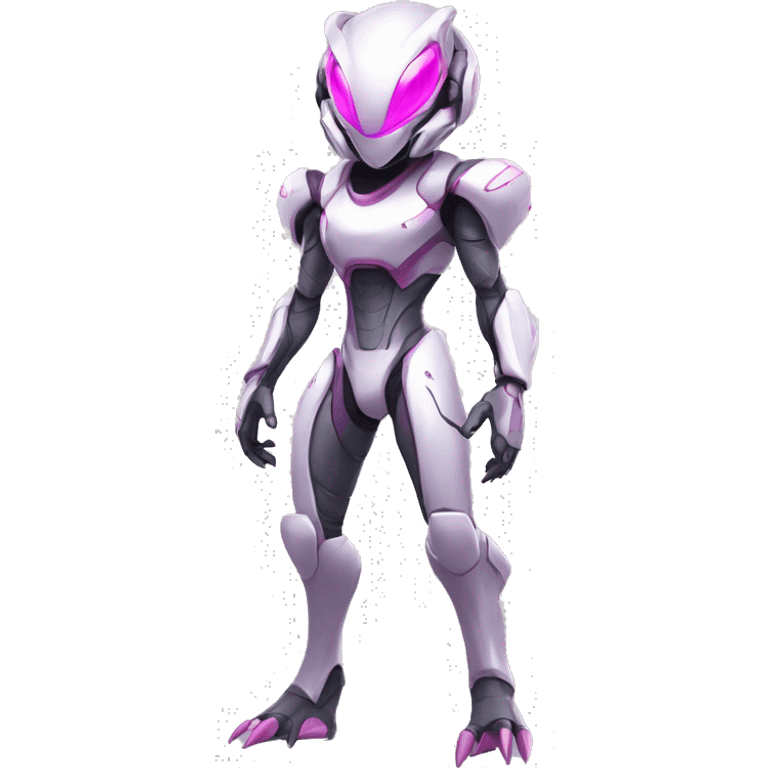 White Anthro-Lizard-Alien-Genesect-Mewtwo-Fakémon, with pink eyes, with a futuristic visor-helmet, wearing a techwear-suit, Full Body emoji