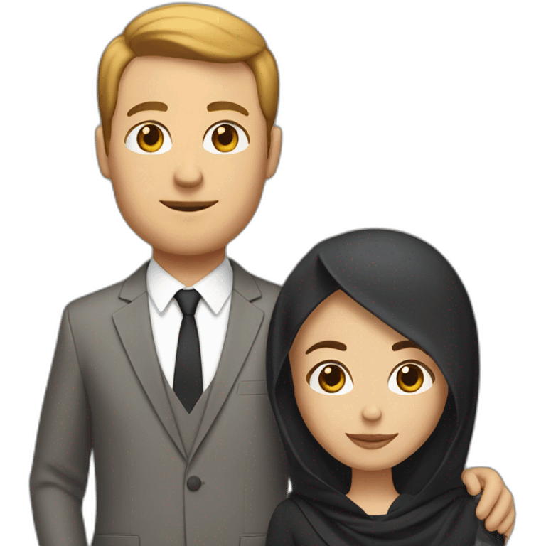 White guy in suit with short brown hair in interracial couple with brown skinned hijabi woman emoji